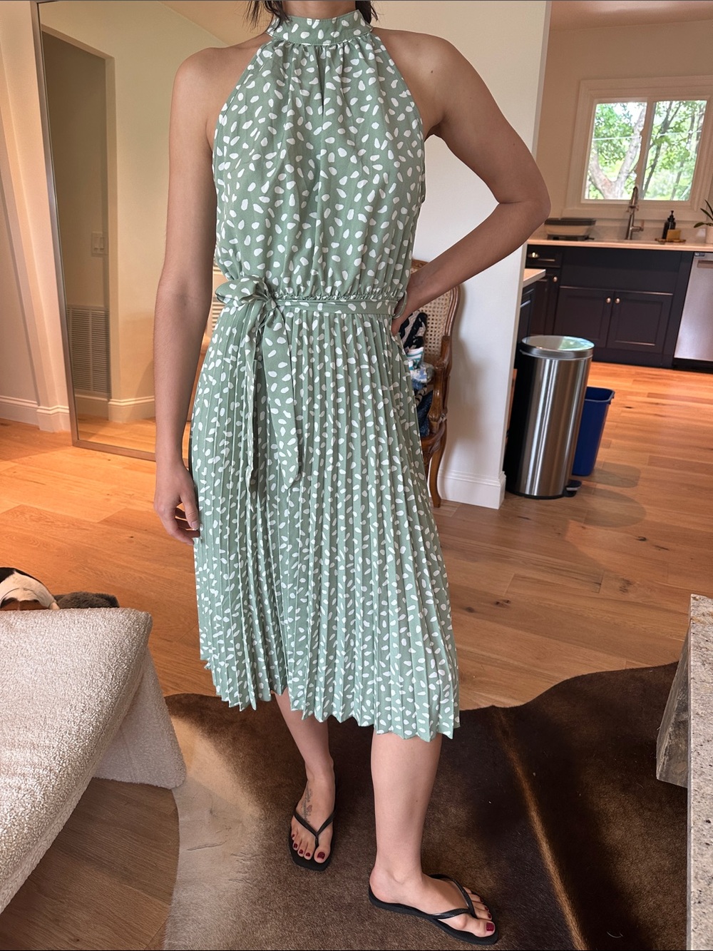 Sage Halter Neck Pleated Midi Dress